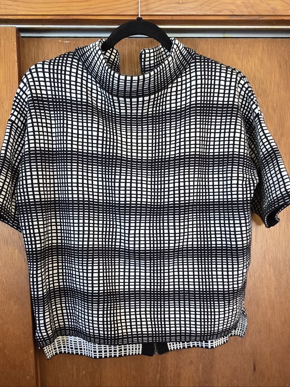 French Connection Black & White Grid Mock Neck Short Sleeve Top
